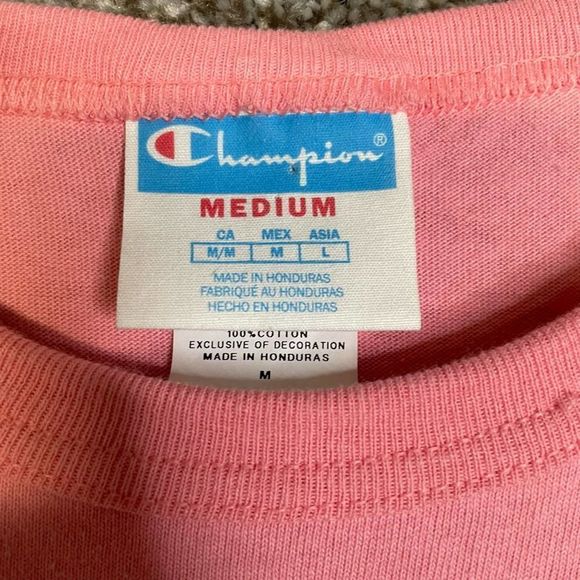 Champion Mens T-Shirt Pink Retro Embroidered Spell Out Size Medium - Picture 7 of 7